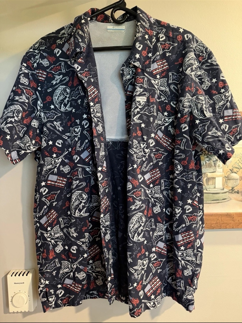 Men's Nautical American Navy Short-Sleeve Printed Button-Up Shirt